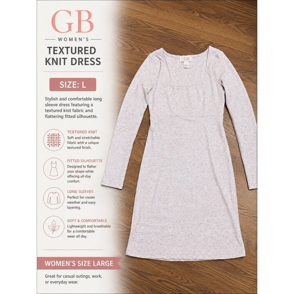 GB Women's Long Sleeve Textured Knit Dress Pink Gray Size L Fitted